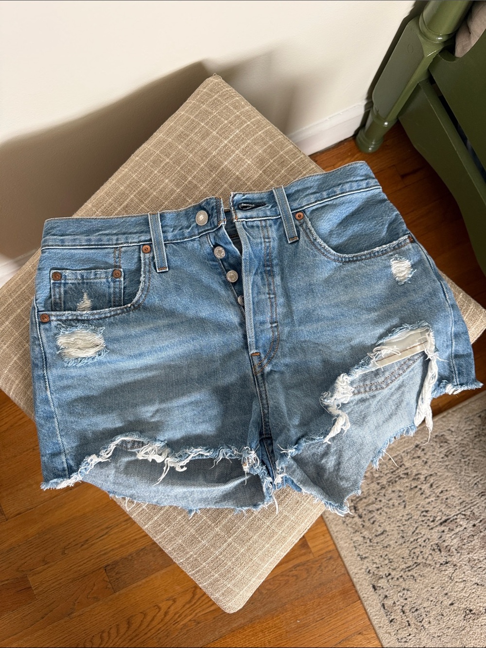 Levi's Light Blue Distressed High-Rise Denim Shorts